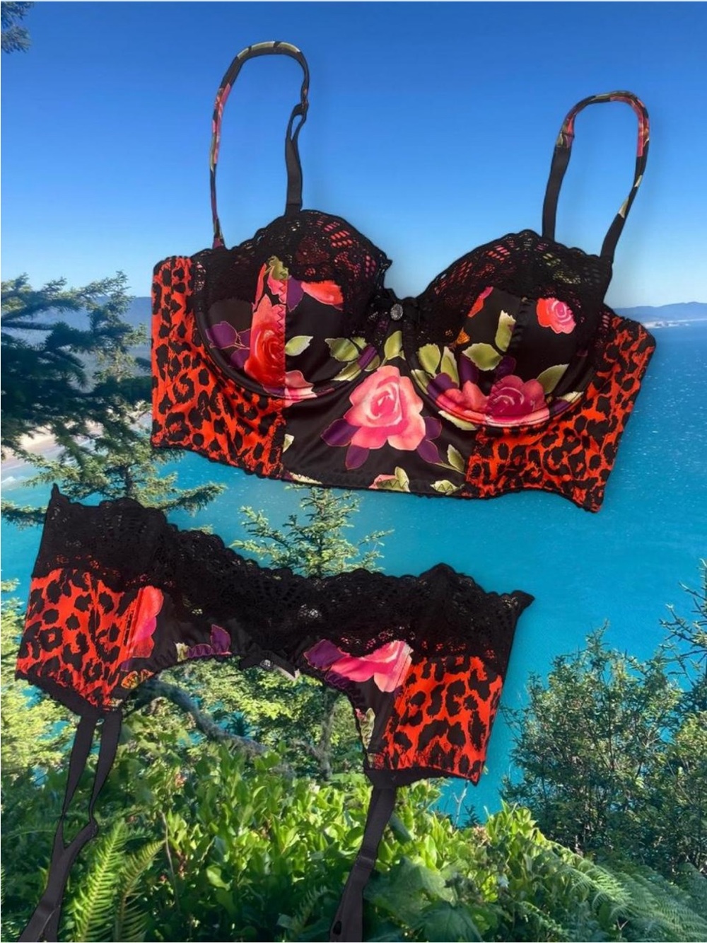 Victoria’s Secret 34C XS lingerie set Corset bra & Red Leopard Lace garter belt